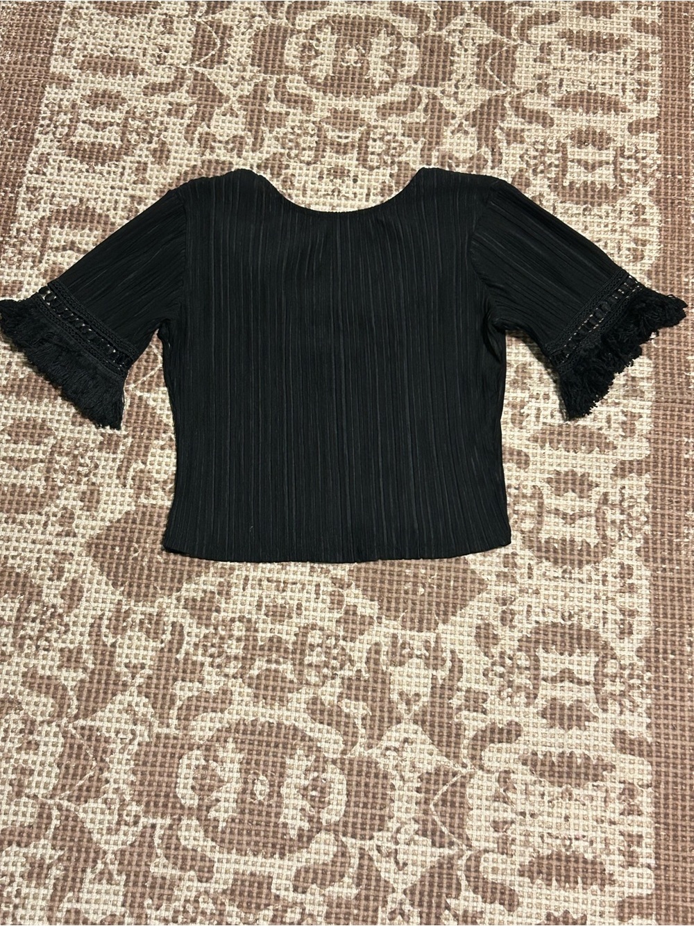 Zara Black Pleated Top with Lace-Trim Sleeves